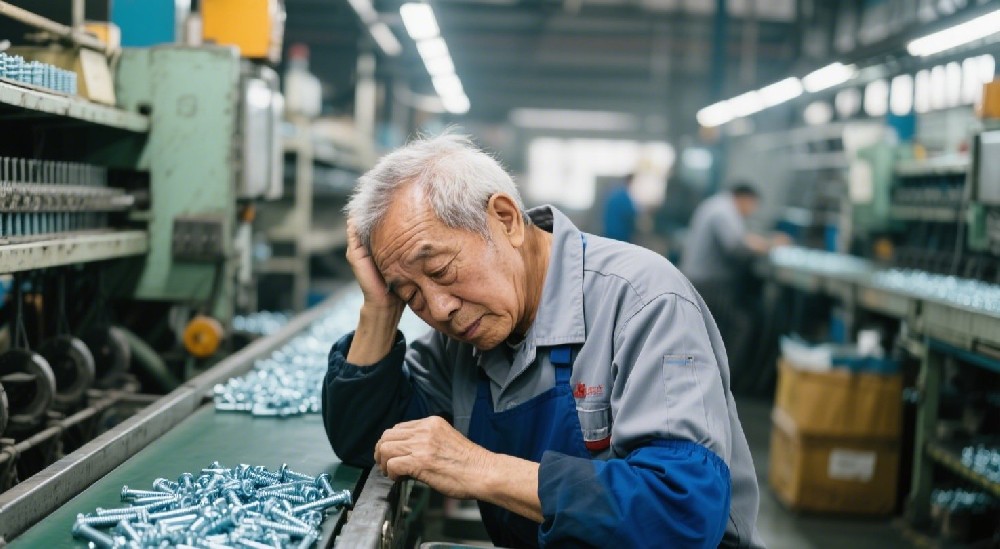年邁的螺絲工,在車間裡,生產線上勞累的鎖付螺絲.jpg